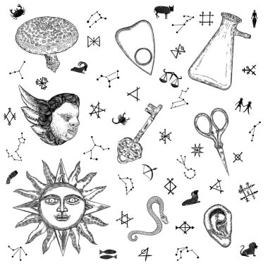 Cadılar için hazırlanmış bir okült. Büyü ve büyücülük simya kitabı için elementler. Zodiac takımyıldızları, semboller ve sihirli alfabe arkaplanı. Cadılar Bayramı Vektörü. 