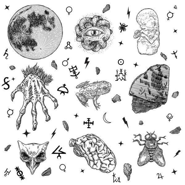 Ensemble Symboles Magiques Païens Alchimie Occulte Symboles Sorcellerie Lune Noire — Image vectorielle