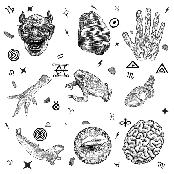 Occult Alchemy Symbols Elements Set Human Eye Anatomical Heart Zombie — Stock Vector