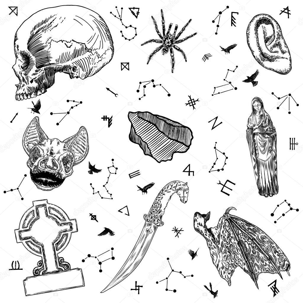 Occult mystic alchemy witchcraft elements set. Vampire bat, dragon wing, Saint Maria, baby Jesus, human skull, gravestone or tombstones grave, spider, crystal, human ear, sacrifice knife. Vector. 