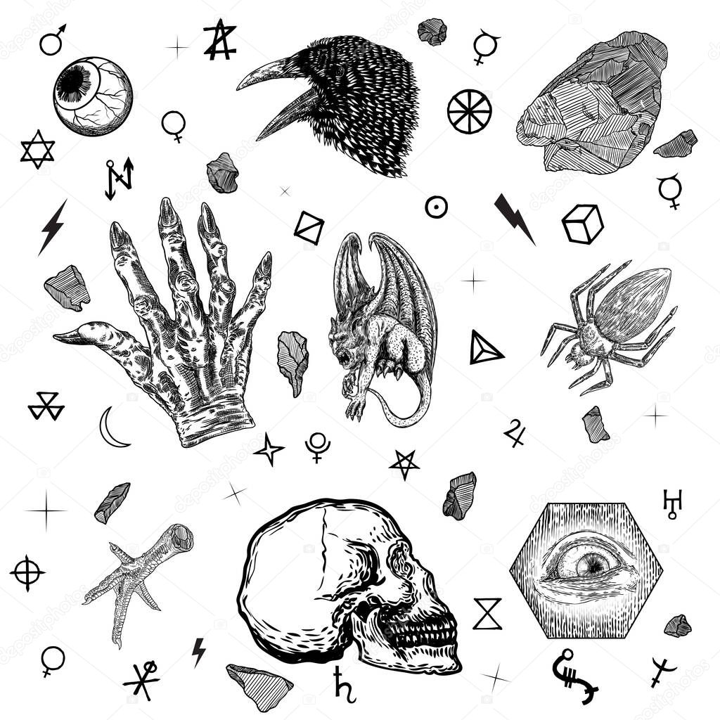 Occult alchemy set. Demonic gothic witch hand with long nails and veins. Raven, gargoyle, skull, providence eye, poison spider, magic crystal, chicken foot.  Witchcraft mystic fantasy occultism. Ink art. Vector.