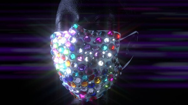 Mannequin wearing medical urban fashion luxury diamonds face mask. Artist designer concept during virus disease COVID 19  coronavirus pandemic self isolation. Fancy kinky precious gemstones accessory.