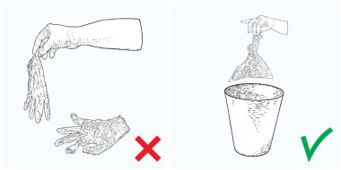 Instruction illustration, how to discard medical used protective gloves correctly for prevention coronavirus COVID-19 infection spread. No litter concept.  clipart