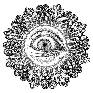 El çizimi göz irisi, dekoratif çemberin içindeki Tanrı 'nın Gözü varyasyonunun bir elementi. Masonik sembol dizaynının siyah dövmesi. Kutsal din, maneviyat ve okültizm. Vektör.
