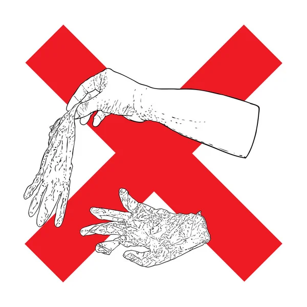 手扔垃圾或垃圾 一次性医疗用橡胶手套在街上的概念 停止扔垃圾或没有扔垃圾标志 以防止珊瑚 19号标志污染 — 图库矢量图片