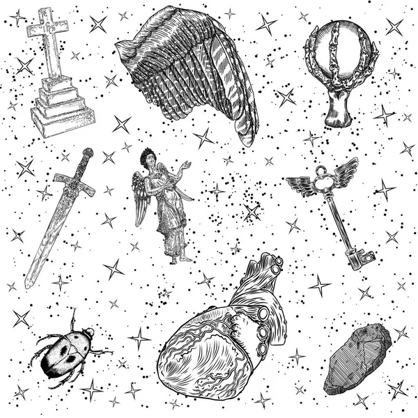 一套神秘的中世纪巫术和占星术元素 用于古代隐身术 魔法书和神秘炼金术 读者玻璃球 — 图库矢量图片
