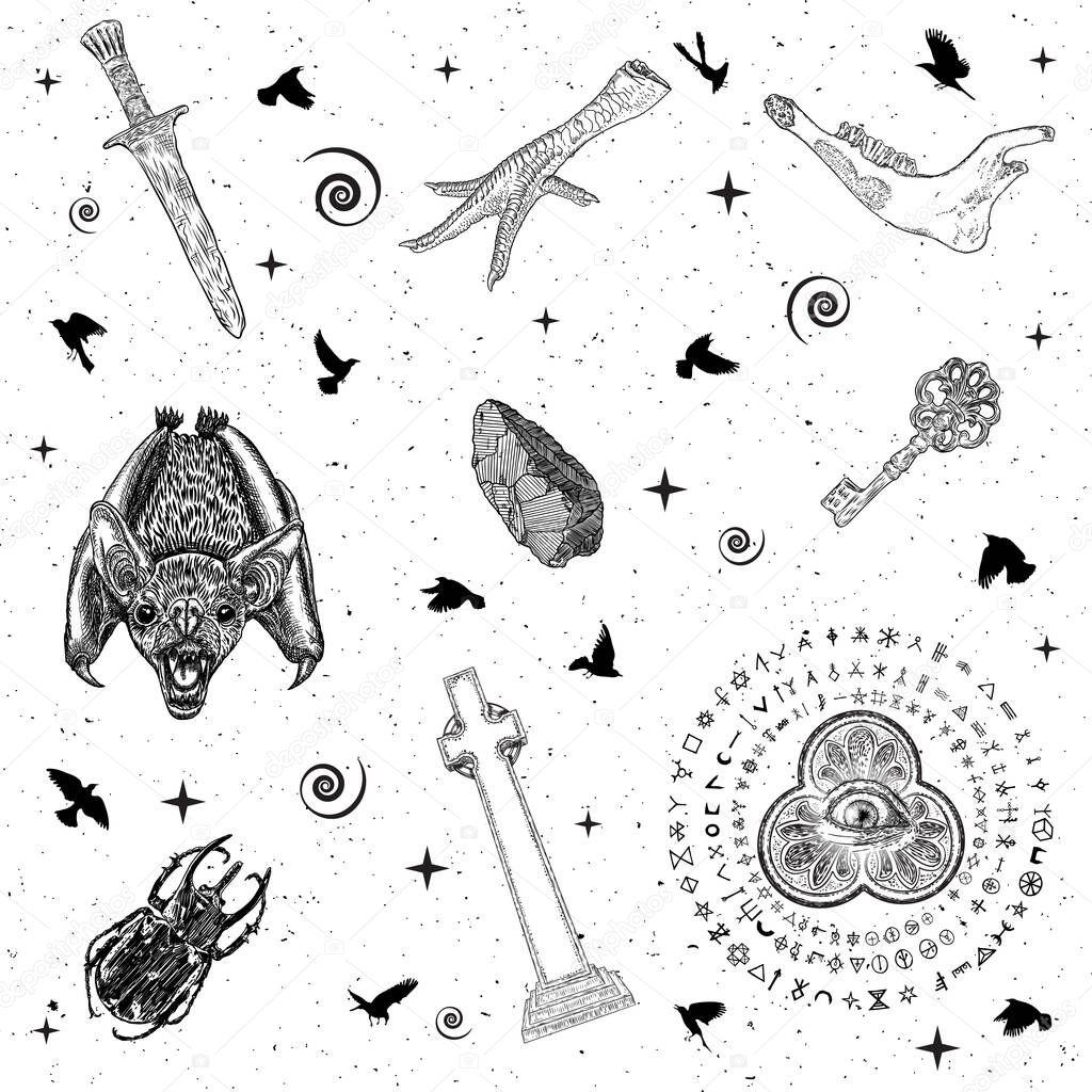Set of occult mystical and witchcraft mysterious objects. Gravestone or tombstones grave cross, bug insect, vampire bat, sacrifice knife, key, goat jaw, crystal, chicken foot, magic stone. Vector.
