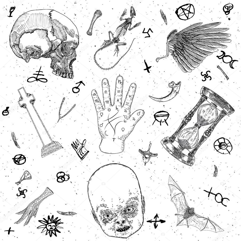 Occult witch magic set. Drawn witchcraft mystery symbols, sand clock, palmistry reader hand, bird wing, grave stone cross, vampire bat, human skull, chicken foot, lizard skeleton, evil baby. Vector.