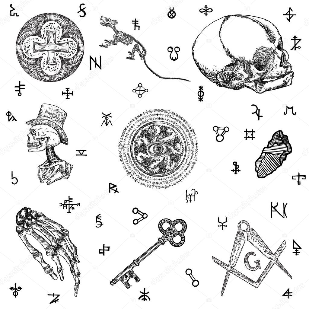 Magic occult set. Hand drawn occultism mystical witchcraft set for spell book and potion cook. Key, human baby skull, crystal, rat skeleton, bone hand, mason symbol, cross. Vector.