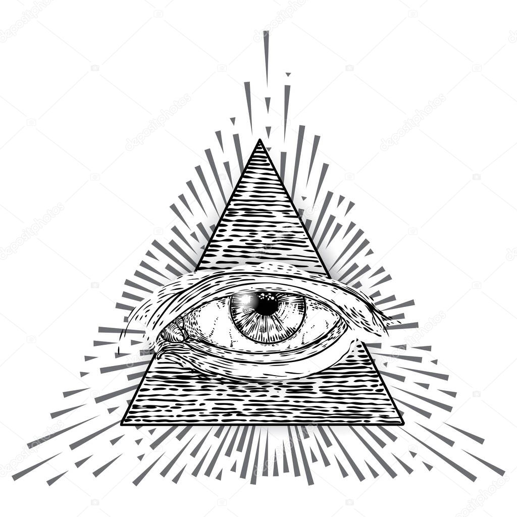 All seeing eye symbol element variation. Alchemy, religion, spirituality and occultism tattoo ink art. Vision of providence and conspiracy theory. Hand drawing in flash tattoo style artwork. Vector.
