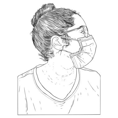 Koruyucu tıbbi yüz maskeli bir kadın, Yeni Normal sosyal konsept, koronavirüs COVID-19 virüsüne karşı önlem ve koruma giyen genç bir kadın ve şehir hava kirliliği. Vektör.