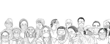 Group of people wearing protective and medical masks to prevent coronavirus COVID-19 disease. New Normal concept illustration. Men and women crowd in face masks for infection prevention. Vector.  clipart