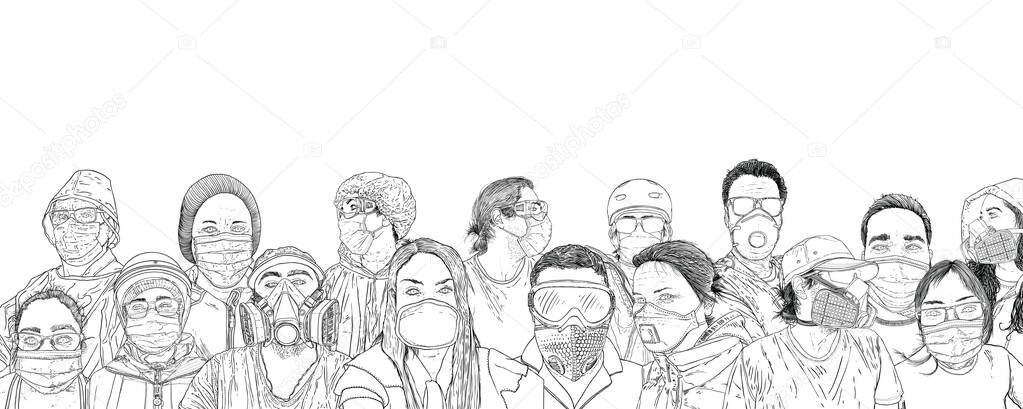 Group of people wearing protective and medical masks to prevent coronavirus COVID-19 disease. New Normal concept illustration. Men and women crowd in face masks for infection prevention. Vector. 