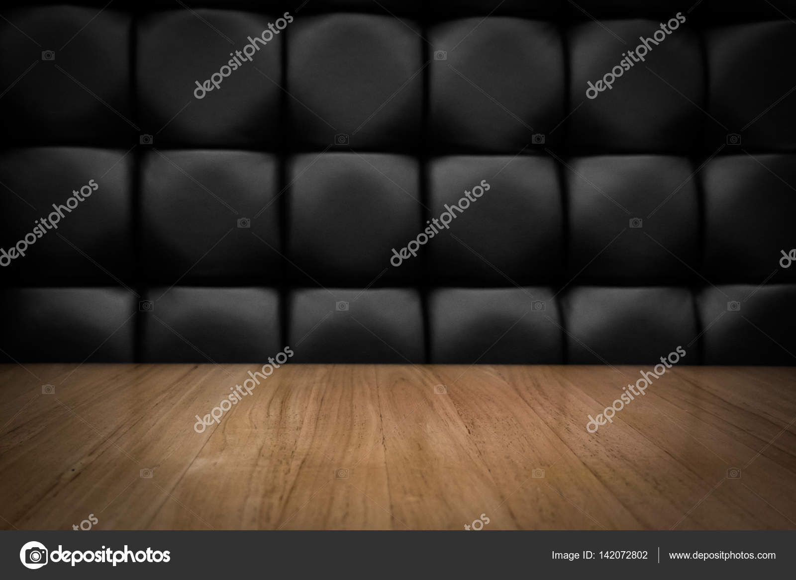 Empty Wooden Table With Padded Leather Background Stock Photo