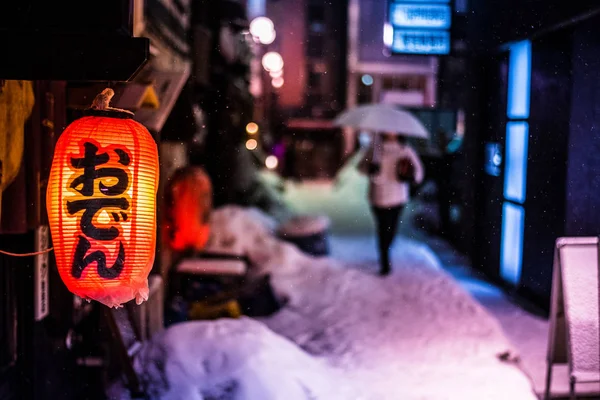 Fundo borrado de mulher andando amon queda de neve — Fotografia de Stock