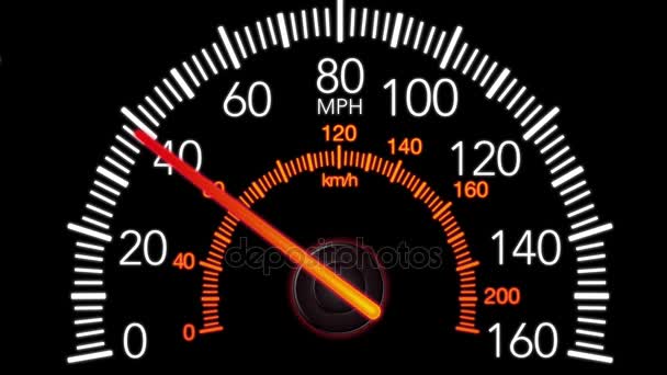 Car speedometer and moving pointer, on a black screen background. 4k animation. — Stock Video