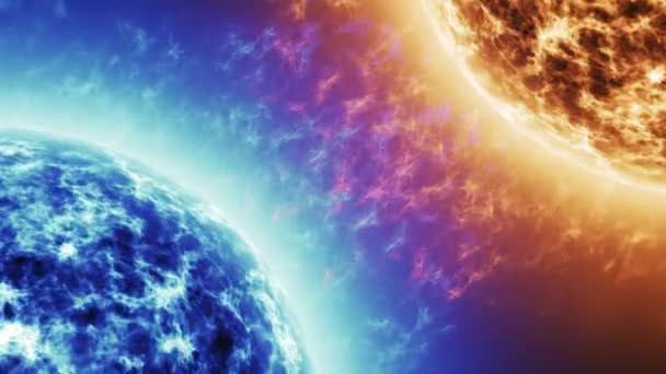 Estrella azul Vs Estrella roja. Superficie roja del sol con destellos solares contra sol azul aislado en negro. Superficie solar altamente realista con espacio para su texto o logotipo — Vídeos de Stock