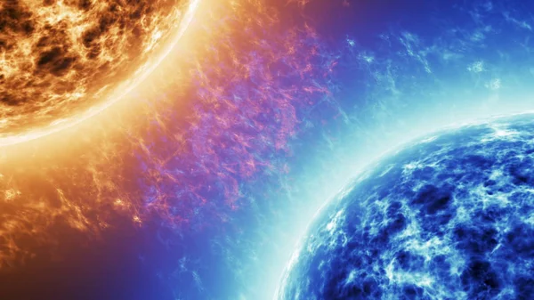 Mavi yıldız Vs Red star. Güneş patlamaları karşı mavi güneş siyaha izole kırmızı güneş yüzey. Metin veya logo için alan ile son derece gerçekçi güneş yüzey