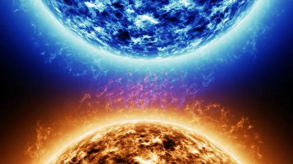 Mavi yıldız Vs Red star. Güneş patlamaları karşı mavi güneş siyaha izole kırmızı güneş yüzey. Metin veya logo için alan ile son derece gerçekçi güneş yüzey