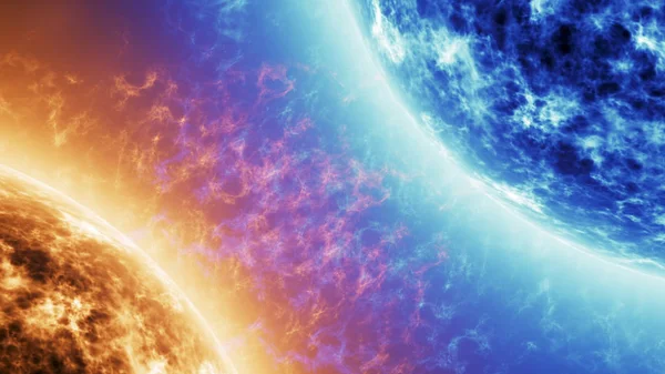 Mavi yıldız Vs Red star. Güneş patlamaları karşı mavi güneş siyaha izole kırmızı güneş yüzey. Metin veya logo için alan ile son derece gerçekçi güneş yüzey