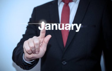 İşadamı acil düğmesi sanal ekran Ocak düğmesindeki - kavram