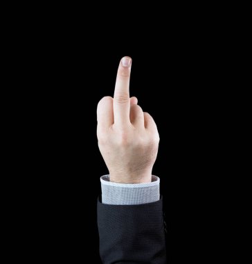 Businessman show fuck sign isolated on the black background