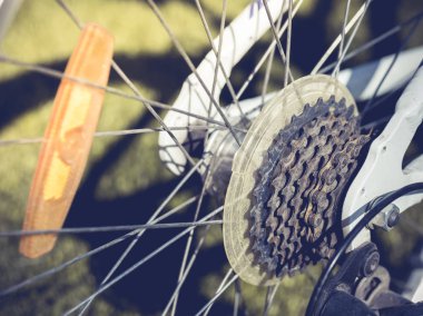 Yakın bir bisiklet tekerleği, detayları ile sabah güneş ışığı altında zinciri ve vites mekanizması.