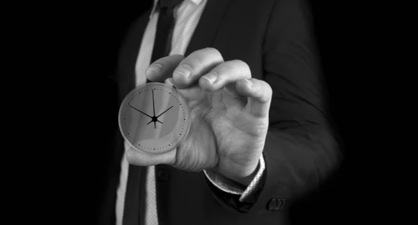 Empresario Mano Pulse Icono Del Botón Tiempo Del Reloj Blanco — Foto de Stock