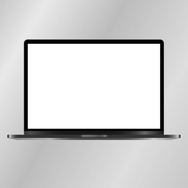 Gerçekçi Laptop mockup aygıt ile beyaz ekran izole gri arka plan üzerinde. Not defteri. Açılan dizüstü/laptop