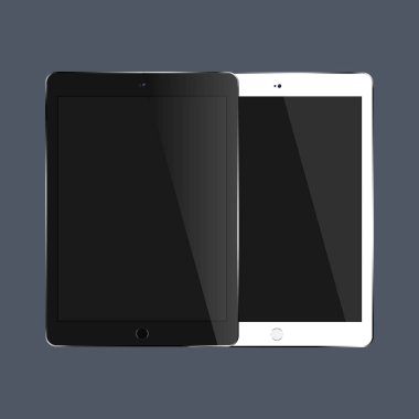 Koyu mavi zemin üzerine gerçekçi siyah beyaz tabletler. EPS 10 hisse senedi vektör çizim