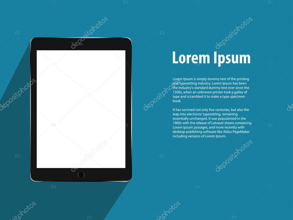 Design template with realistic white tablet pc with white screen on dark blue background. Eps 10 stock vector illustration