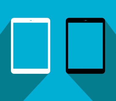 Beyaz ve siyah tablet pc vektör simgesi mavi arka plan üzerinde düz gölge ile. EPS 10 illüstrasyon