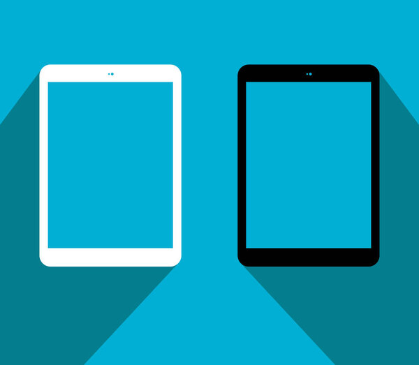 Белый и чёрный векторный значок ПК с плоской тенью на синем фоне. Иллюстрация EPS 10
