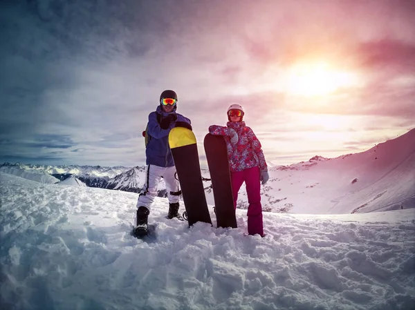 Couple Smiling Snowboarding Mountains Sunset Mountains Alps Ischgl Town Austria — Stock Photo, Image