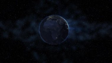 Sunrise gerçekçi yıldızlı gökyüzü arka planı alanı içinde dönen dünya. Gündüz ve gece şehir ışıkları değişiklikleri ile sorunsuz döngü. Yüksek Detaylı 4k. 3D görüntü Nasa tarafından döşenmiş unsurları