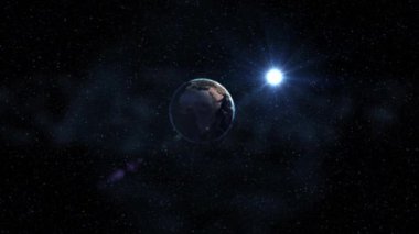 Planet Earth ve Güneş Samanyolu yıldız arka planda kendi ekseninde dönen dünya gündoğumu manzarasının uzaydan. Şehir ışıkları. Yüksek 4 k 3d Render animasyon ayrıntılı. Nasa tarafından döşenmiş bu görüntü unsurları