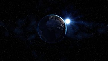 Planet Earth üzerindeki gündoğumu görünümü uzaydan. Güney Amerika bölgesi. Siyah yıldız evrende dünyada. Yüksek Detaylı 3d Render animasyon. Gerçekçi dünya küre. Nasa tarafından döşenmiş bu görüntü unsurları