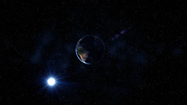 地球回転 星の黒と青の宇宙で その軸に回転します アフリカ ヨーロッパ都市ライト変更の昼と夜 のレンダリングの詳細 Nasa から提供されたこのイメージの要素 — ストック写真