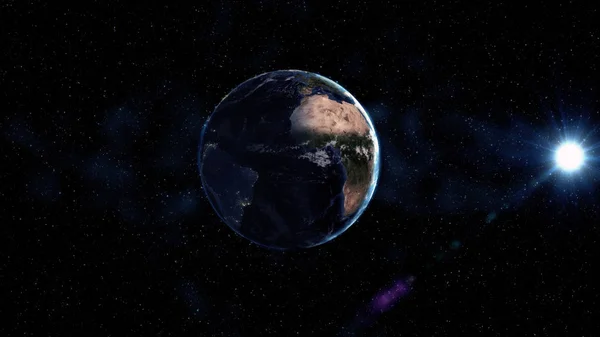 地球上宇宙から日の出を見る 南アメリカ ゾーン 黒の宇宙の星の世界 高詳細な レンダリング アニメーション リアルな地球儀 Nasa から提供されたこのイメージの要素 — ストック写真
