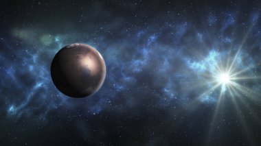 Güneş sistemi - Mars. Öyle ince bir atmosfer, kraterler, volkanlar, vadiler, çöller sahip olan bir karasal gezegen güneş Mars'tan gelen dördüncü gezegendir. Nasa tarafından döşenmiş bu görüntü unsurları