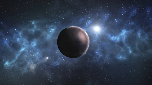 Alanı görünümünden Gündoğumu: Mars Güneş ışınları. Kızıl Gezegen'in yıldız siyah evren ile kapatın. Yüksek detay 3d Render animasyon. Bilimsel arka plan. Nasa tarafından döşenmiş bu görüntü unsurları