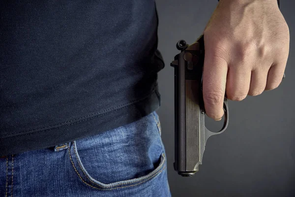 Assassino Segurando Uma Arma Lado Dele Roubo Assassinato Crime — Fotografia de Stock