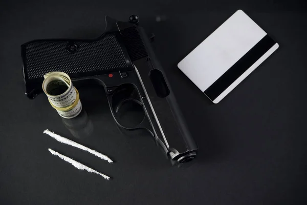 Credit Card Gun Road Cocaine Money Ammunition Gun — Stock Photo, Image