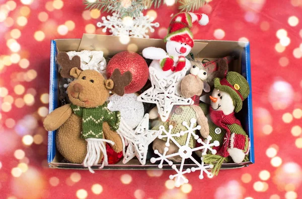 Christmas toys in a box — Stock Photo, Image