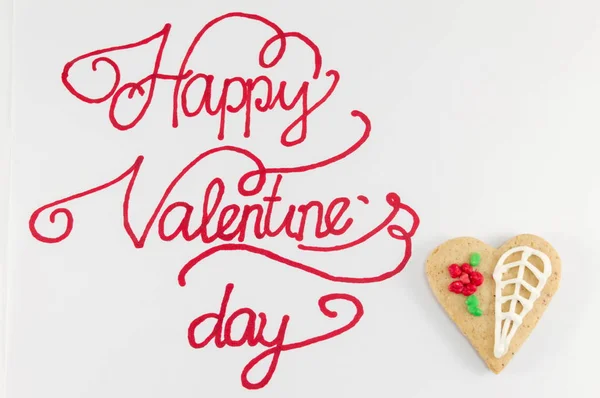 Happy Valentines day calligraphy card with cookies — Stock Photo, Image