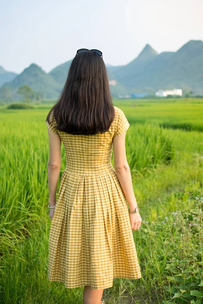 Chica en un campo de arroz con paisaje kárstico —  Fotos de Stock