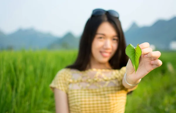 Mädchen im Reisfeld mit Karstlandschaft — Stockfoto