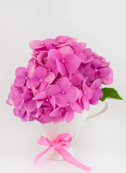 Grupo de flores rosa hortensia em um vaso — Fotografia de Stock