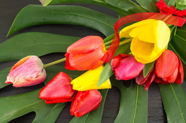 Tulipanes rojos y amarillos sobre hoja verde — Foto de Stock