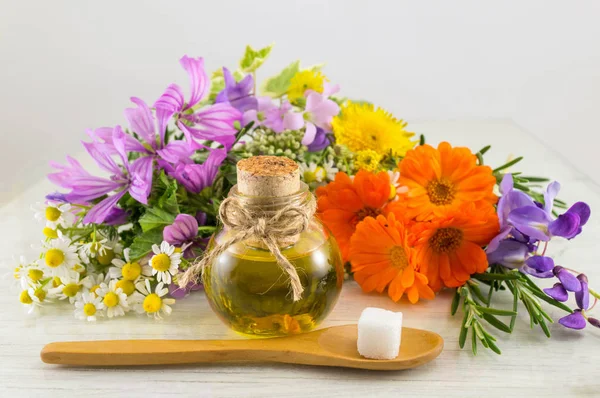 Vari fiori e olio essenziale — Foto Stock